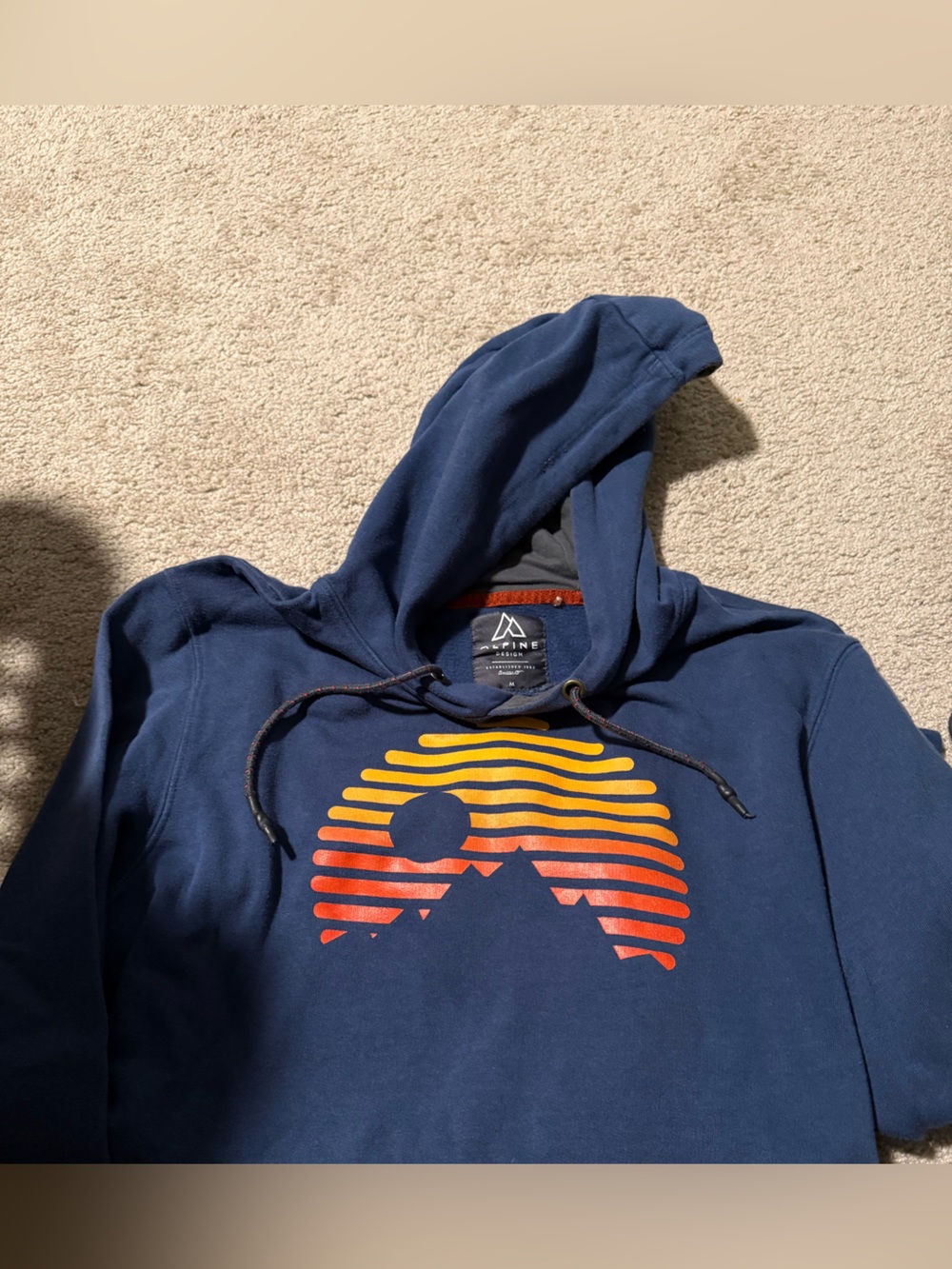 Alpine Design Navy Hoodie with Sunset Mountain Graphic